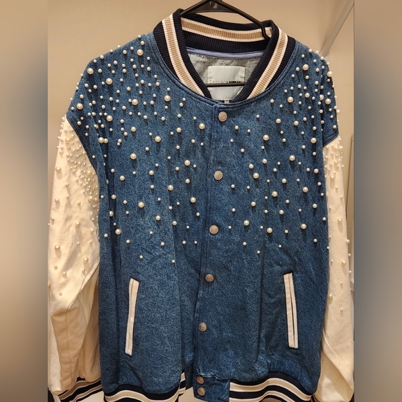 Fashion Nova Pearl Embellished Denim Varsity Jacket Size L - Picture 5 of 8